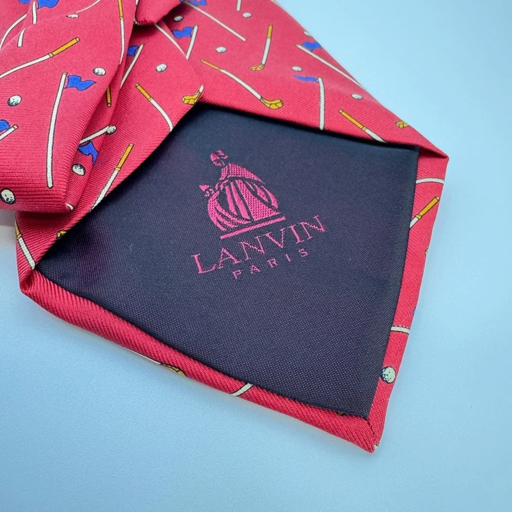 LANVIN Paris Men's Silk Red Tie Golf Club Print Sports Made in France 3¾″ × 60½″